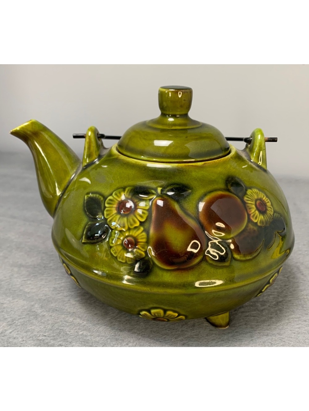 Green Ceramic Teapot Floral Relief & Wire Handle 1970s Vtg